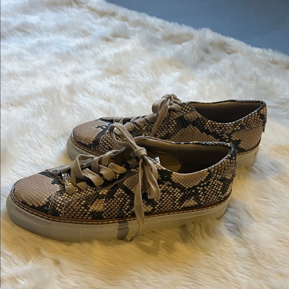 J Slides Tan Snake Print Sneakers